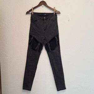 Fashion Nova Charcoal Cut Out Skinny Jeans Size 9 Strappy Buckle Thigh Detail